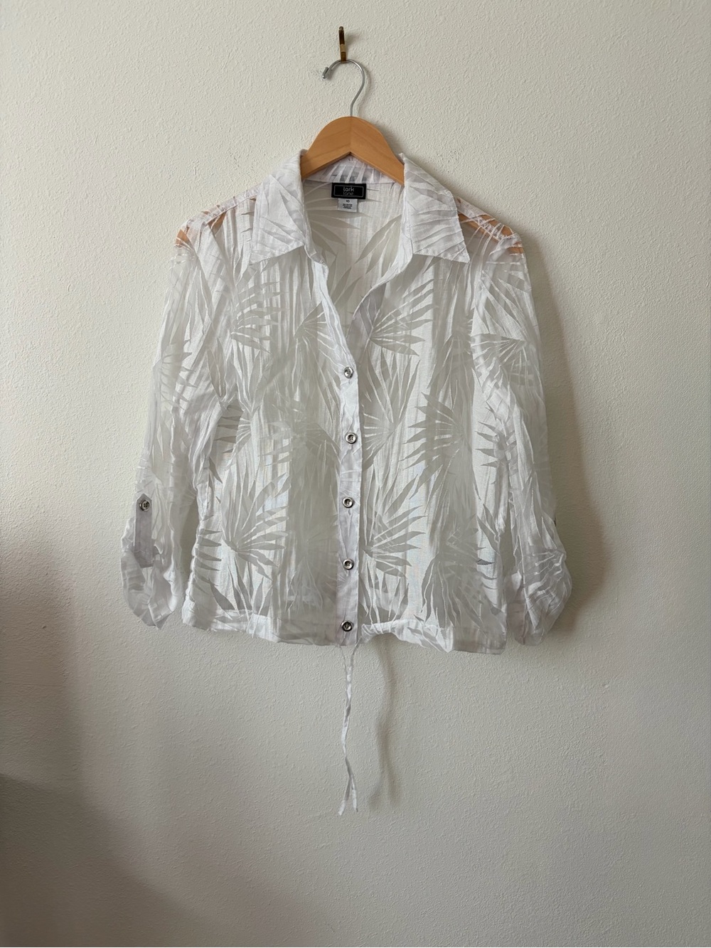 Lark Lane Sheer Palm Leaf Print Button Front Blouse Size 16 White Tropical